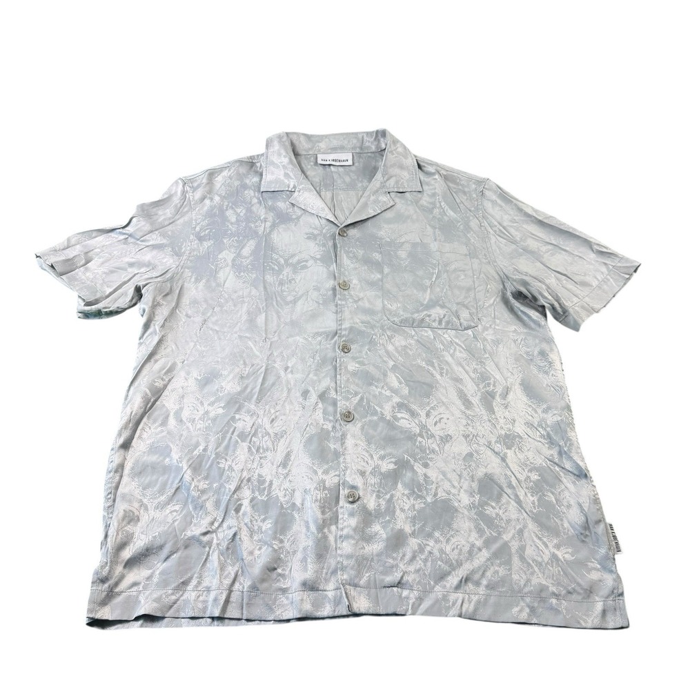 Han Kjobenhavn Shirt Mens XL Silver Camp Collar Cuban Short Sleeve Button‎